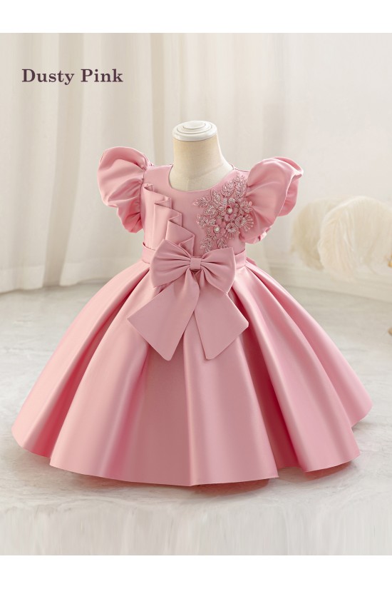 Toddler Light Blue Puffy Sleeve Princess Dress Satin Flower Girl Dresses for Wedding Party XF101034