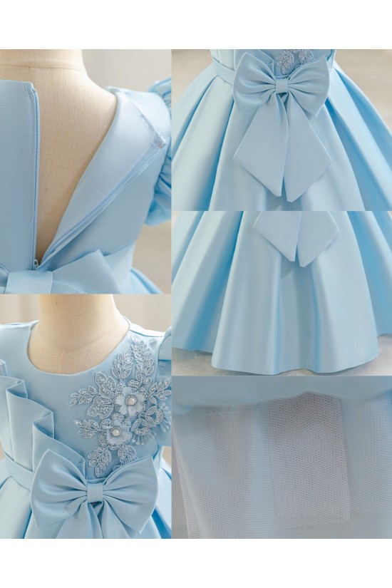 Toddler Light Blue Puffy Sleeve Princess Dress Satin Flower Girl Dresses for Wedding Party XF101034