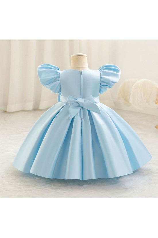 Toddler Light Blue Puffy Sleeve Princess Dress Satin Flower Girl Dresses for Wedding Party XF101034