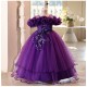 Purple Off-the-Shoulder Tulle Princess Dress Floral Applique Girls Gown Flower Girl Dresses for Wedding Pageant Party XF101036