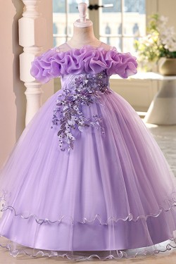 Purple Off-the-Shoulder Tulle Princess Dress Floral Applique Girls Gown Flower Girl Dresses for Wedding Pageant Party XF101036