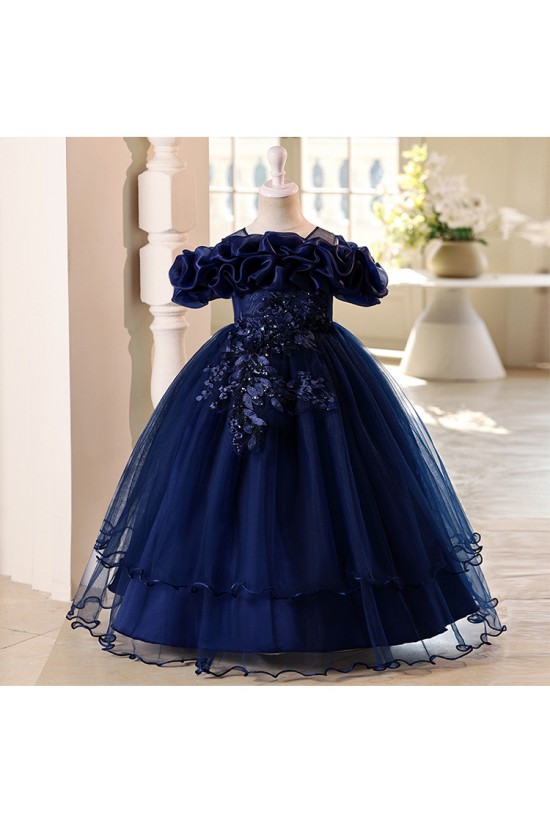 Purple Off-the-Shoulder Tulle Princess Dress Floral Applique Girls Gown Flower Girl Dresses for Wedding Pageant Party XF101036