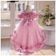 Pink Off-the-Shoulder Floral Tulle Princess Dress Ruffled Girls Gown for Wedding Pageant Flower Girl Dresses XF101039