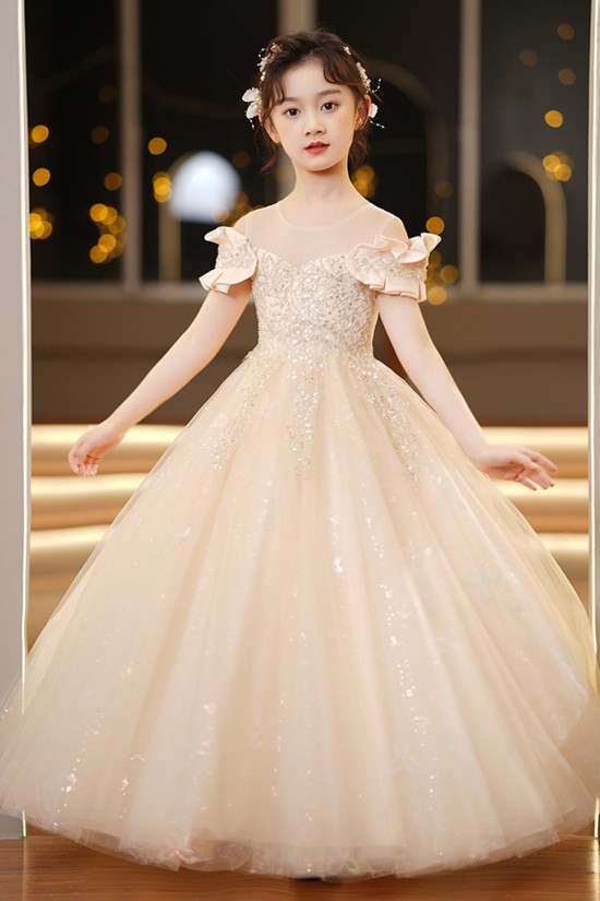 Luxury Champagne Sparkly Tulle Princess Dresses Sequin Embellished Girls Formal Gowns Flower Girl Dresses XF101040