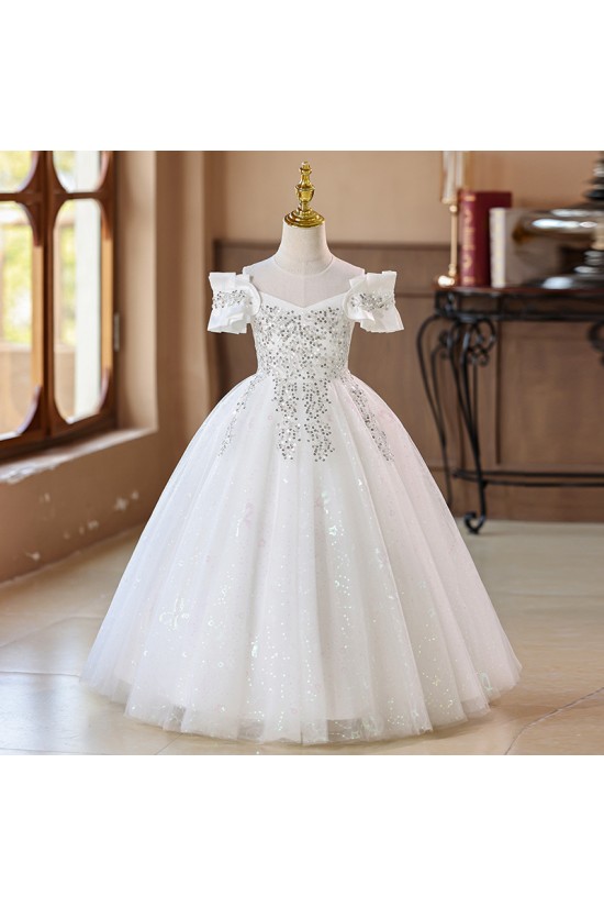 Luxury Champagne Sparkly Tulle Princess Dresses Sequin Embellished Girls Formal Gowns Flower Girl Dresses XF101040