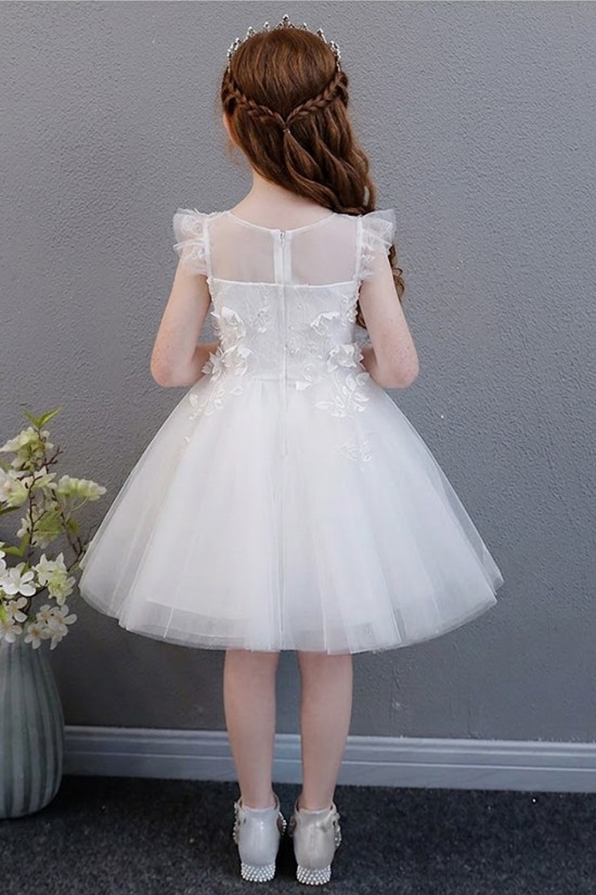 White Lace Floral Tulle Princess Dress Ruffled Sleeve Girls Gown for Wedding Birthday Flower Girl Dresses XF101041