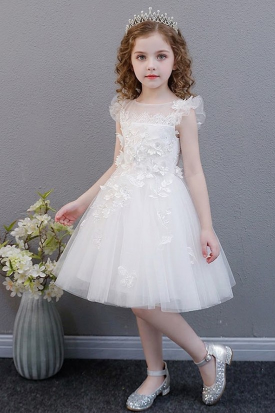 White Lace Floral Tulle Princess Dress Ruffled Sleeve Girls Gown for Wedding Birthday Flower Girl Dresses XF101041