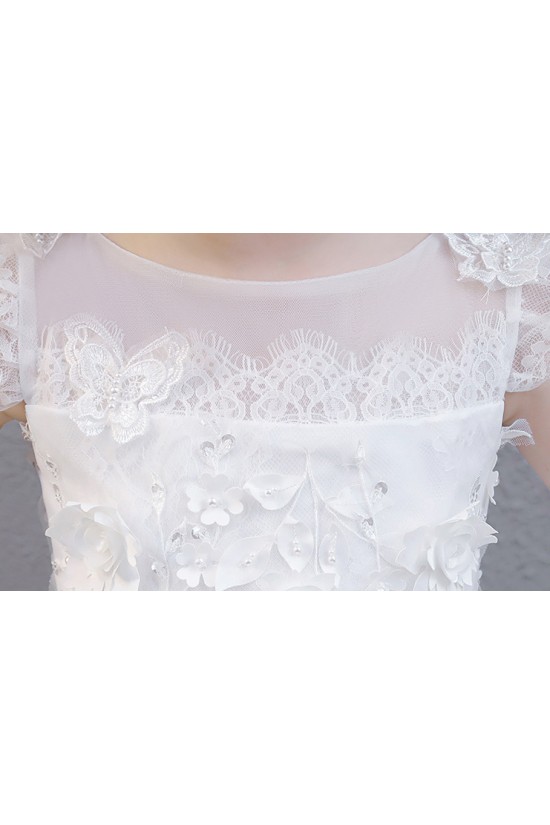White Lace Floral Tulle Princess Dress Ruffled Sleeve Girls Gown for Wedding Birthday Flower Girl Dresses XF101041
