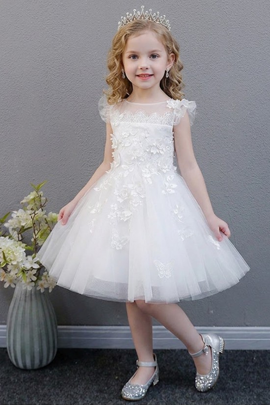 White Lace Floral Tulle Princess Dress Ruffled Sleeve Girls Gown for Wedding Birthday Flower Girl Dresses XF101041