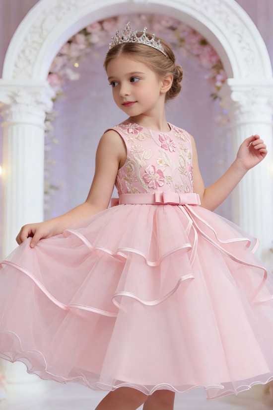 Luxury Light Blue Floral Embroidered Princess Dress Satin Bow Tulle Girls Formal Gowns Flower Girl Dresses XF101042