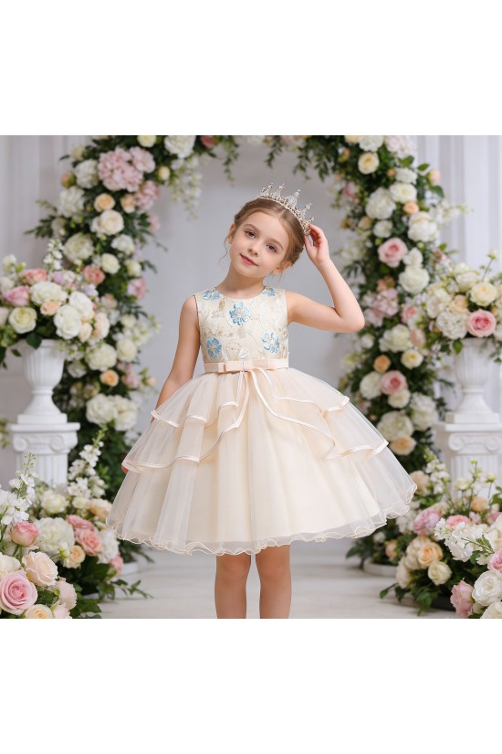 Luxury Light Blue Floral Embroidered Princess Dress Satin Bow Tulle Girls Formal Gowns Flower Girl Dresses XF101042