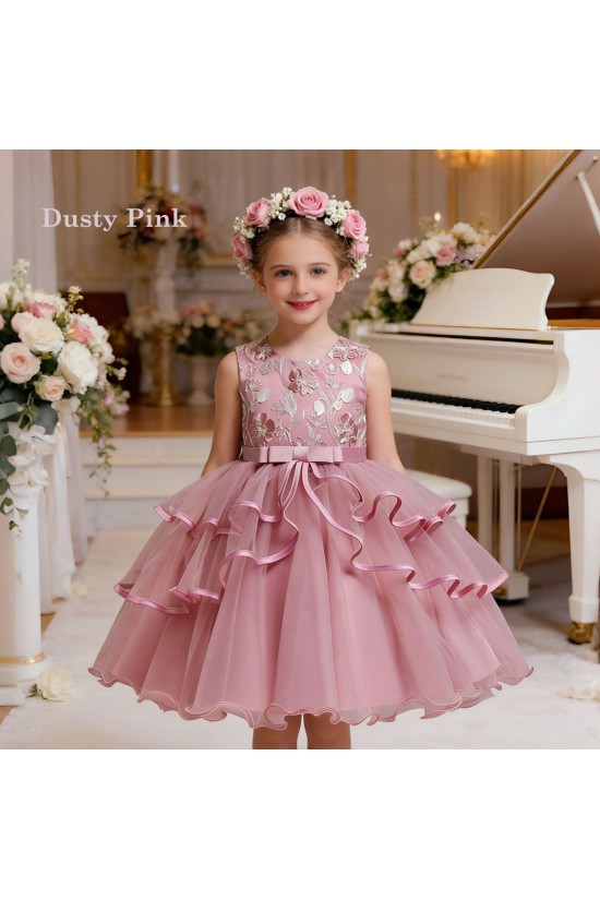 Luxury Light Blue Floral Embroidered Princess Dress Satin Bow Tulle Girls Formal Gowns Flower Girl Dresses XF101042