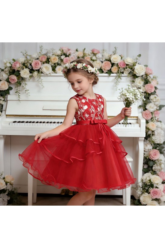 Luxury Light Blue Floral Embroidered Princess Dress Satin Bow Tulle Girls Formal Gowns Flower Girl Dresses XF101042