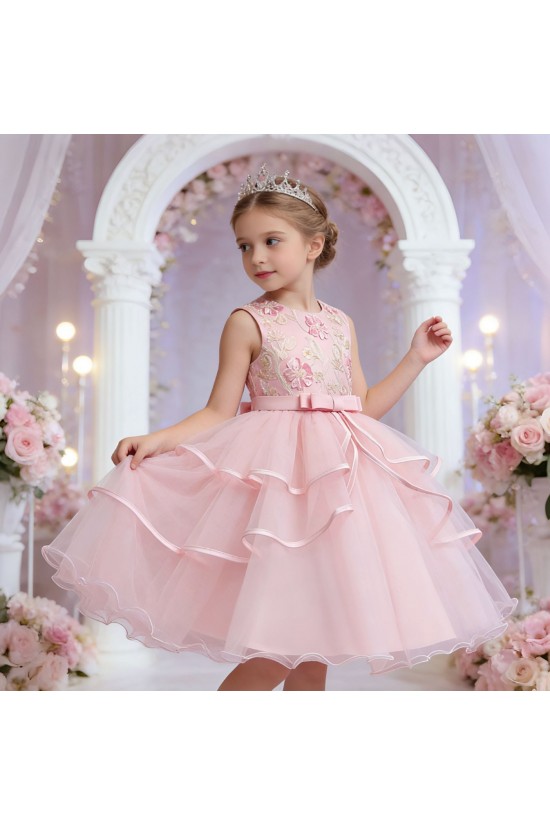 Luxury Light Blue Floral Embroidered Princess Dress Satin Bow Tulle Girls Formal Gowns Flower Girl Dresses XF101042