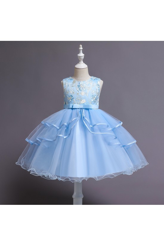 Luxury Light Blue Floral Embroidered Princess Dress Satin Bow Tulle Girls Formal Gowns Flower Girl Dresses XF101042