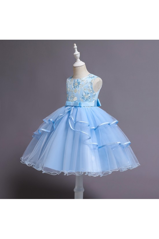 Luxury Light Blue Floral Embroidered Princess Dress Satin Bow Tulle Girls Formal Gowns Flower Girl Dresses XF101042