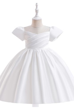 White Satin Puffed Sleeve Princess Dress Pleated Bodice Girls Gown for Wedding Birthday Party Flower Girl Dresses XF101043
