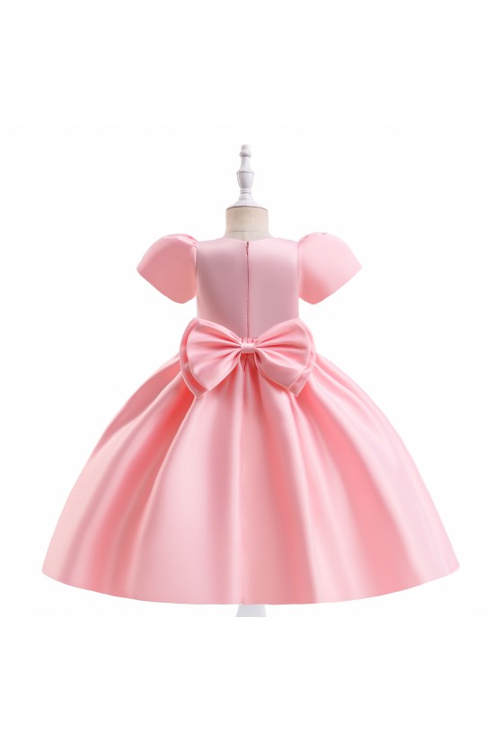 White Satin Puffed Sleeve Princess Dress Pleated Bodice Girls Gown for Wedding Birthday Party Flower Girl Dresses XF101043