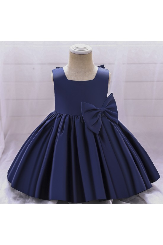 White Satin Sleeveless Square Neck Flower Girl Dresses with Big Bow XF101044