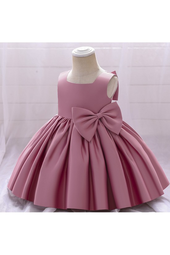 White Satin Sleeveless Square Neck Flower Girl Dresses with Big Bow XF101044
