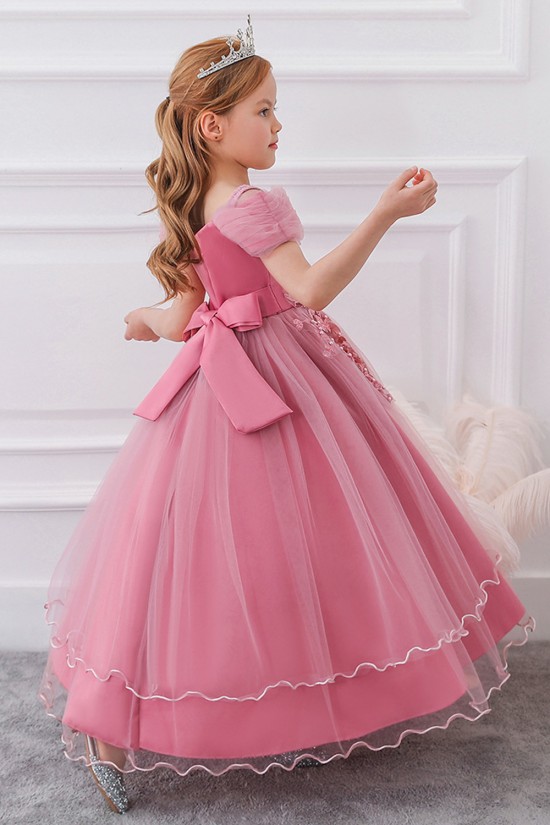 Pink Puffed Sleeve Tulle Princess Dress Floral Flower Girl Dresses XF101045