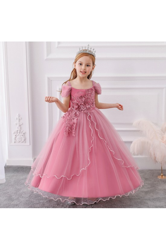 Pink Puffed Sleeve Tulle Princess Dress Floral Flower Girl Dresses XF101045