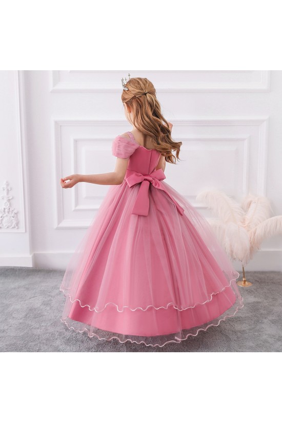 Pink Puffed Sleeve Tulle Princess Dress Floral Flower Girl Dresses XF101045