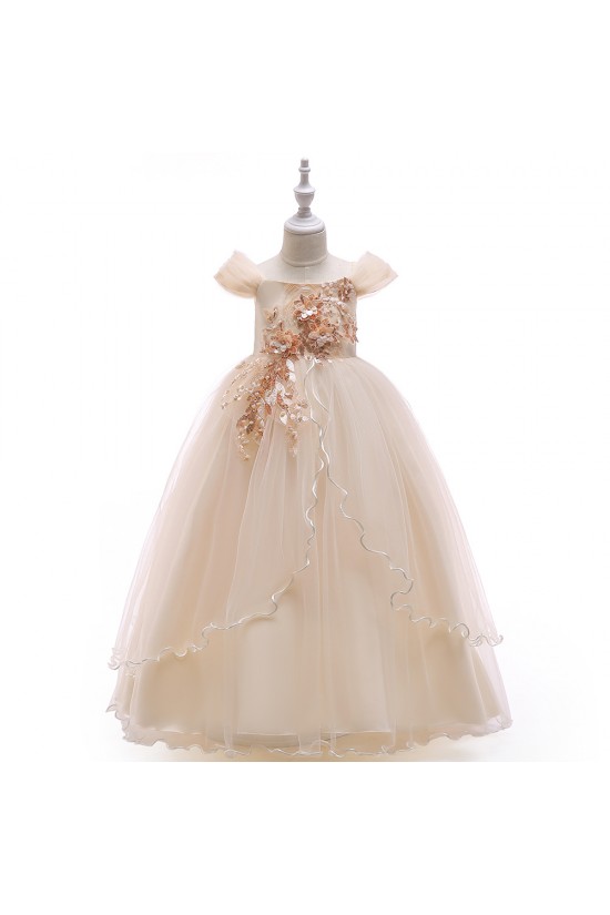 Pink Puffed Sleeve Tulle Princess Dress Floral Flower Girl Dresses XF101045