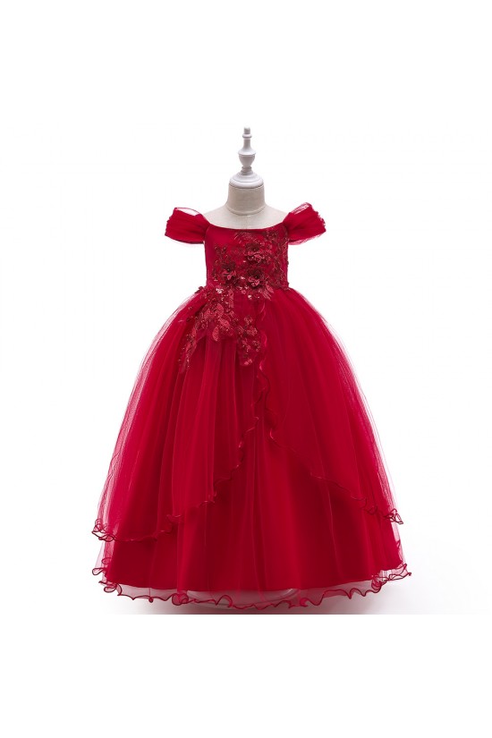 Pink Puffed Sleeve Tulle Princess Dress Floral Flower Girl Dresses XF101045