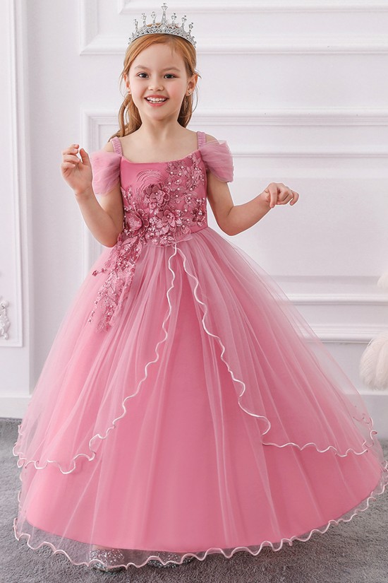 Pink Puffed Sleeve Tulle Princess Dress Floral Flower Girl Dresses XF101045