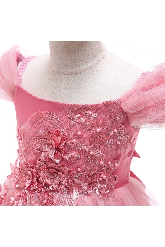 Pink Puffed Sleeve Tulle Princess Dress Floral Flower Girl Dresses XF101045