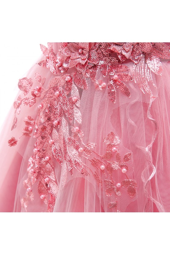 Pink Puffed Sleeve Tulle Princess Dress Floral Flower Girl Dresses XF101045