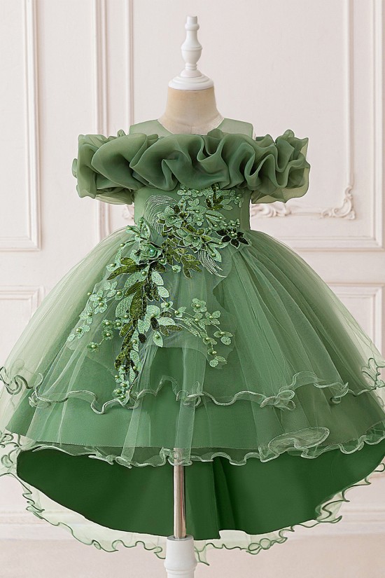 High Low Tulle Princess Green Flower Girl Dresses Wedding Party Birthday Party Gowns XF101047