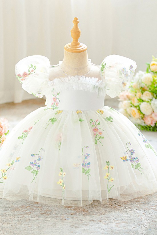 Cute White Floral Embroidered Toddler Princess Tulle Dress Puff Sleeve Flower Girl Dresses XF101048