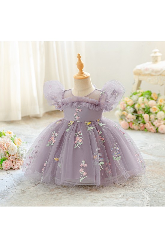 Cute White Floral Embroidered Toddler Princess Tulle Dress Puff Sleeve Flower Girl Dresses XF101048