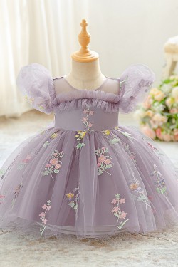 Cute White Floral Embroidered Toddler Princess Tulle Dress Puff Sleeve Flower Girl Dresses XF101048