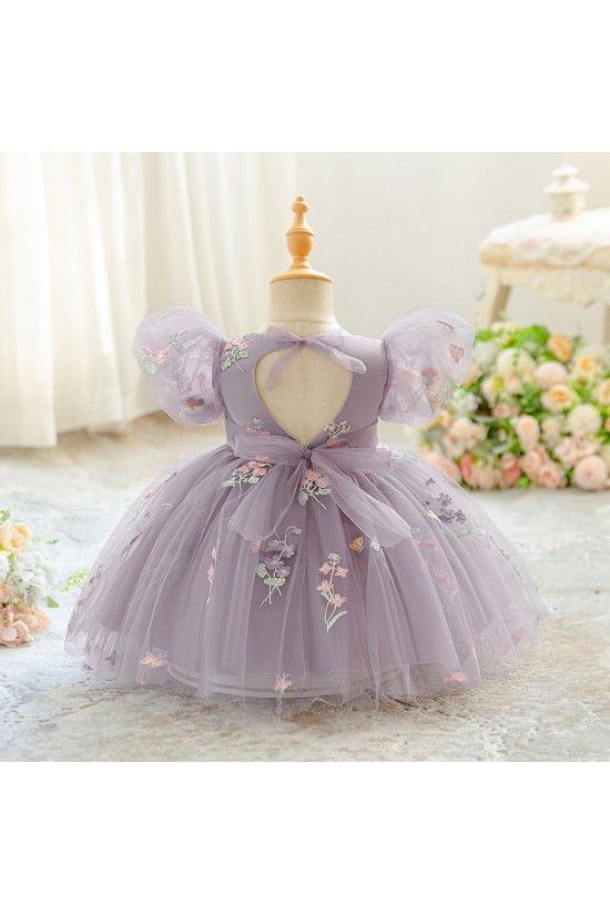 Cute White Floral Embroidered Toddler Princess Tulle Dress Puff Sleeve Flower Girl Dresses XF101048