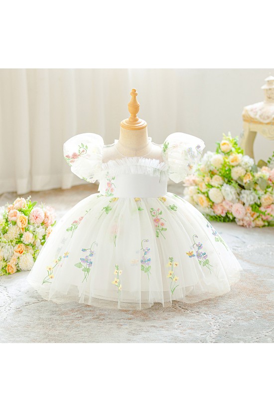 Cute White Floral Embroidered Toddler Princess Tulle Dress Puff Sleeve Flower Girl Dresses XF101048