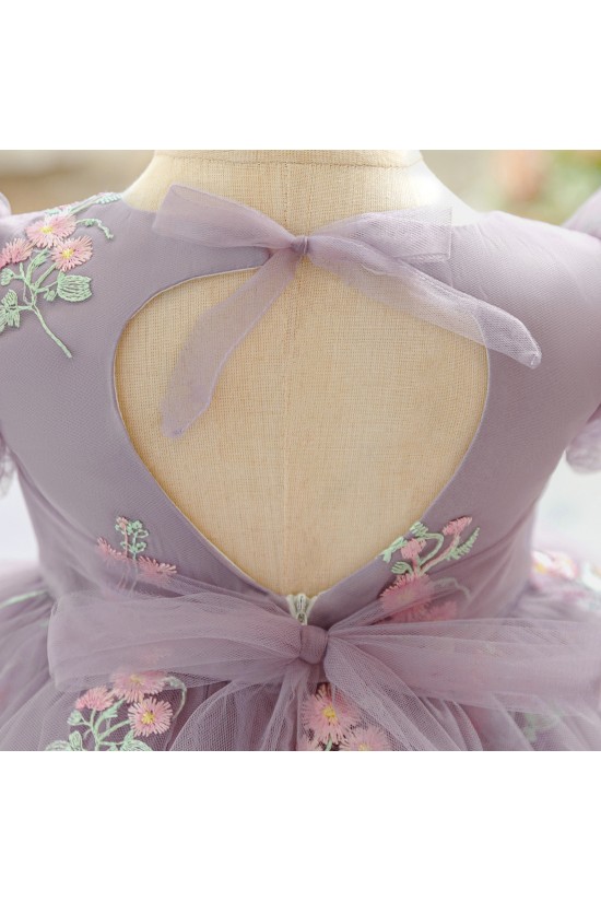 Dusty Purple Floral Embroidered Toddler Princess Tulle Dress Cute Puff Sleeve Dress Baby Girl Flower Girl Dresses XF101049