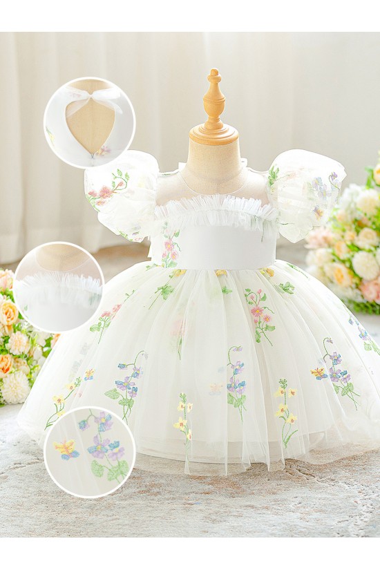 Dusty Purple Floral Embroidered Toddler Princess Tulle Dress Cute Puff Sleeve Dress Baby Girl Flower Girl Dresses XF101049