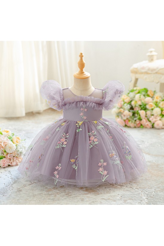 Dusty Purple Floral Embroidered Toddler Princess Tulle Dress Cute Puff Sleeve Dress Baby Girl Flower Girl Dresses XF101049