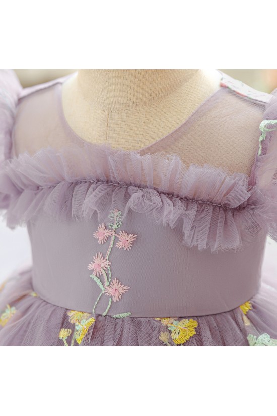 Dusty Purple Floral Embroidered Toddler Princess Tulle Dress Cute Puff Sleeve Dress Baby Girl Flower Girl Dresses XF101049