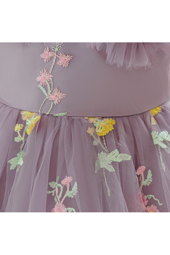 Dusty Purple Floral Embroidered Toddler Princess Tulle Dress Cute Puff Sleeve Dress Baby Girl Flower Girl Dresses XF101049