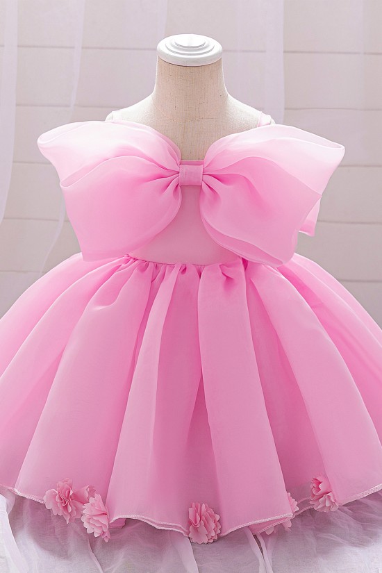 Cute Pink Bow Baby Girl Princess Dress Birthday Wedding Party Flower Girl Dresses XF101050