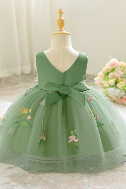 Cute Green V Neck Tulle Princess Dress with 3D Flowers Knee Length Birthday Wedding Party Flower Girl Dresses XF101055