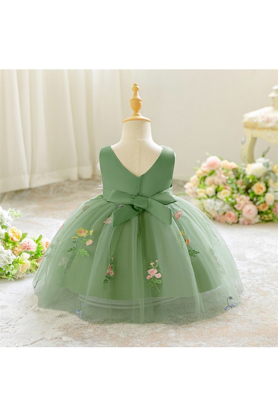 Cute Green V Neck Tulle Princess Dress with 3D Flowers Knee Length Birthday Wedding Party Flower Girl Dresses XF101055