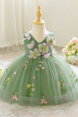 Cute Green V Neck Tulle Princess Dress with 3D Flowers Knee Length Birthday Wedding Party Flower Girl Dresses XF101055