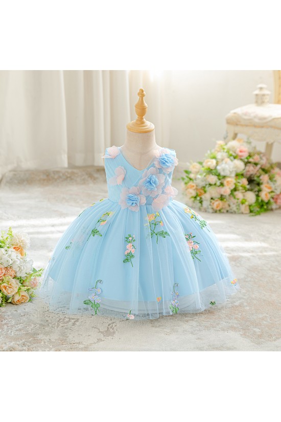 Kids Girls' Flower Girl Dress Dress Sleeveless V Neck Knee Length Princess Dress Formal Tulle Dress with 3D Flowers XF101056
