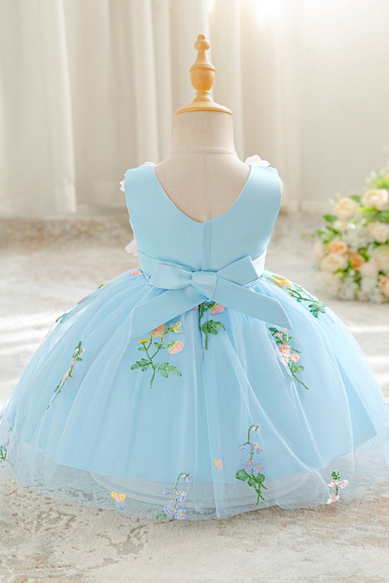 Cute Beautiful Mesh V Neck Princess Dress with 3D Flowers Birthday Wedding Party Knee Length Flower Girl Dresses XF101057