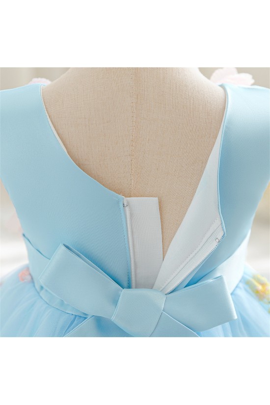 Cute Beautiful Mesh V Neck Princess Dress with 3D Flowers Birthday Wedding Party Knee Length Flower Girl Dresses XF101057